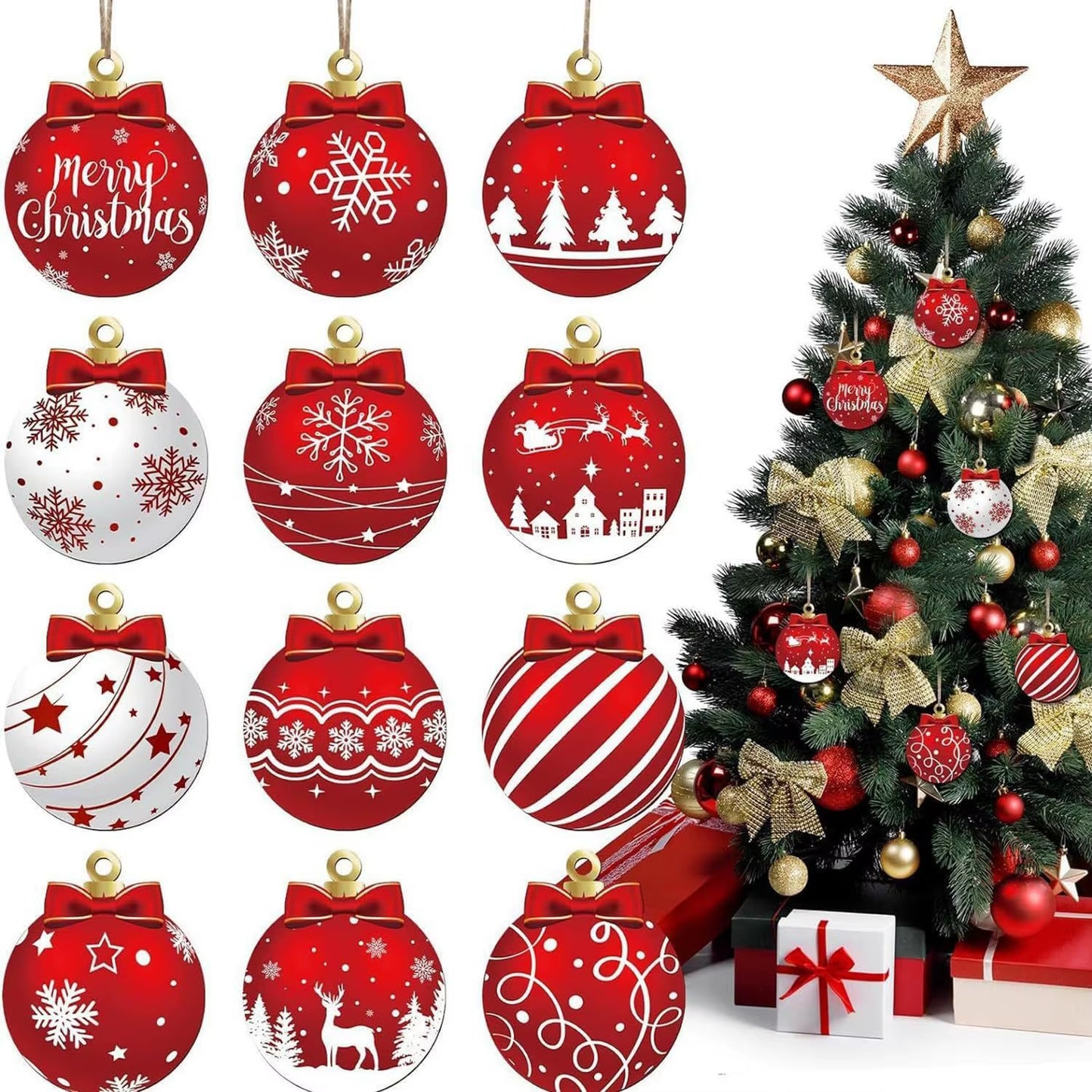 12Pcs/Setred and White Wooden Christmas Ball Ornament,Elk Snowflake Pattern Christmas Party Hanging Decoration Supplies Winter F