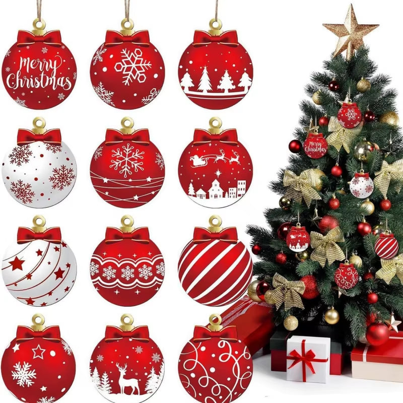 12Pcs/Setred and White Wooden Christmas Ball Ornament,Elk Snowflake Pattern Christmas Party Hanging Decoration Supplies Winter F