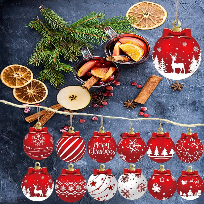 12Pcs/Setred and White Wooden Christmas Ball Ornament,Elk Snowflake Pattern Christmas Party Hanging Decoration Supplies Winter F