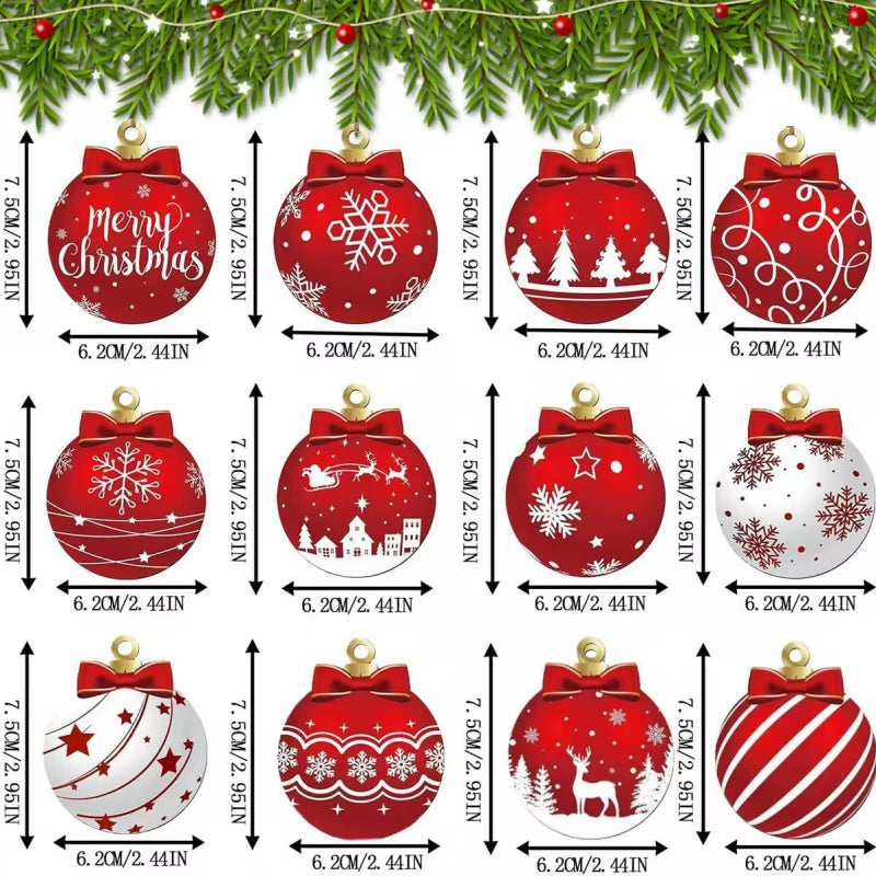 12Pcs/Setred and White Wooden Christmas Ball Ornament,Elk Snowflake Pattern Christmas Party Hanging Decoration Supplies Winter F