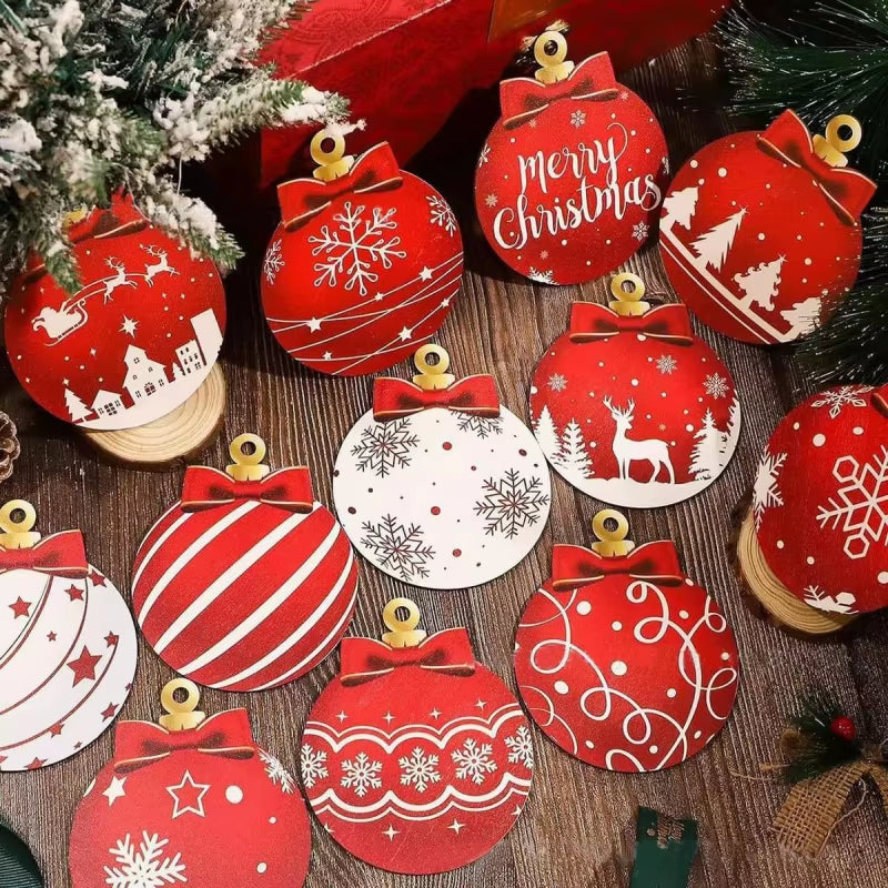 12Pcs/Setred and White Wooden Christmas Ball Ornament,Elk Snowflake Pattern Christmas Party Hanging Decoration Supplies Winter F