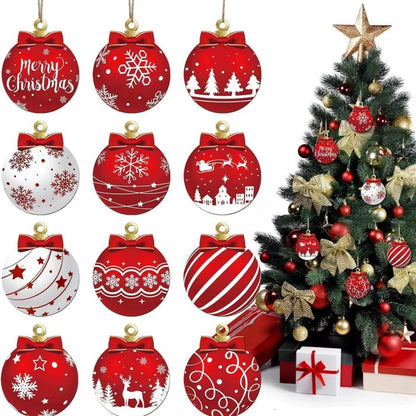 12Pcs/Setred and White Wooden Christmas Ball Ornament，Elk Snowflake Pattern Christmas Party Hanging Decoration Supplies Winter F