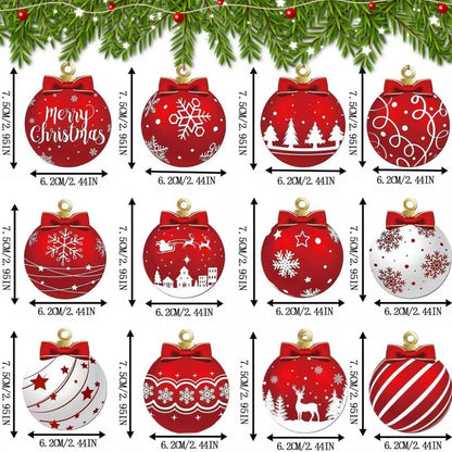 12Pcs/Setred and White Wooden Christmas Ball Ornament，Elk Snowflake Pattern Christmas Party Hanging Decoration Supplies Winter F